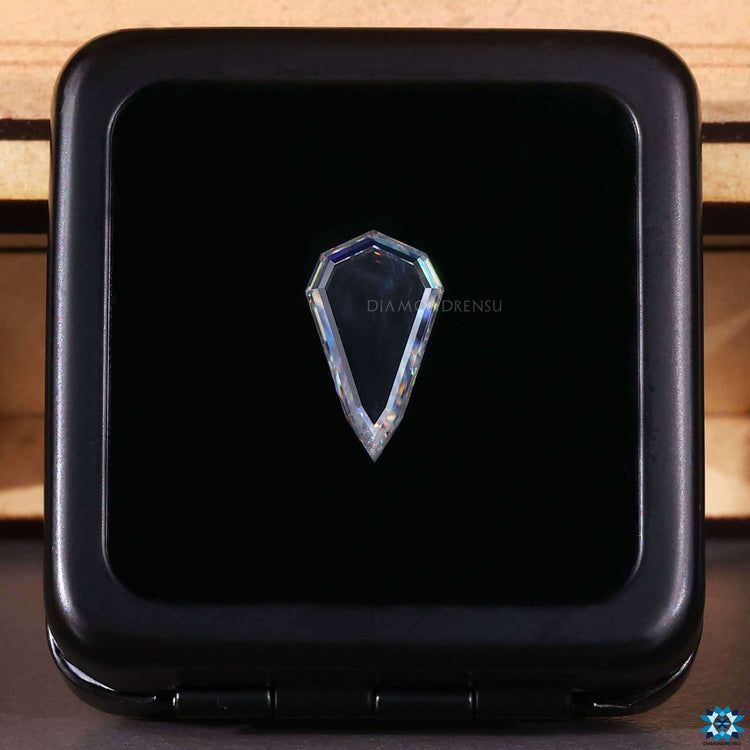 Loose moissanite stone in 2 carat Pear Portrait Cut style.
