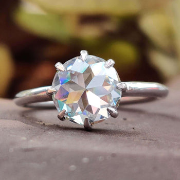 Round solitaire engagement ring with a classic design.

