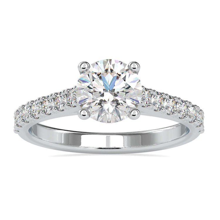 Elegant cathedral setting engagement ring featuring a Lab Grown Diamond with a four prong ring design.