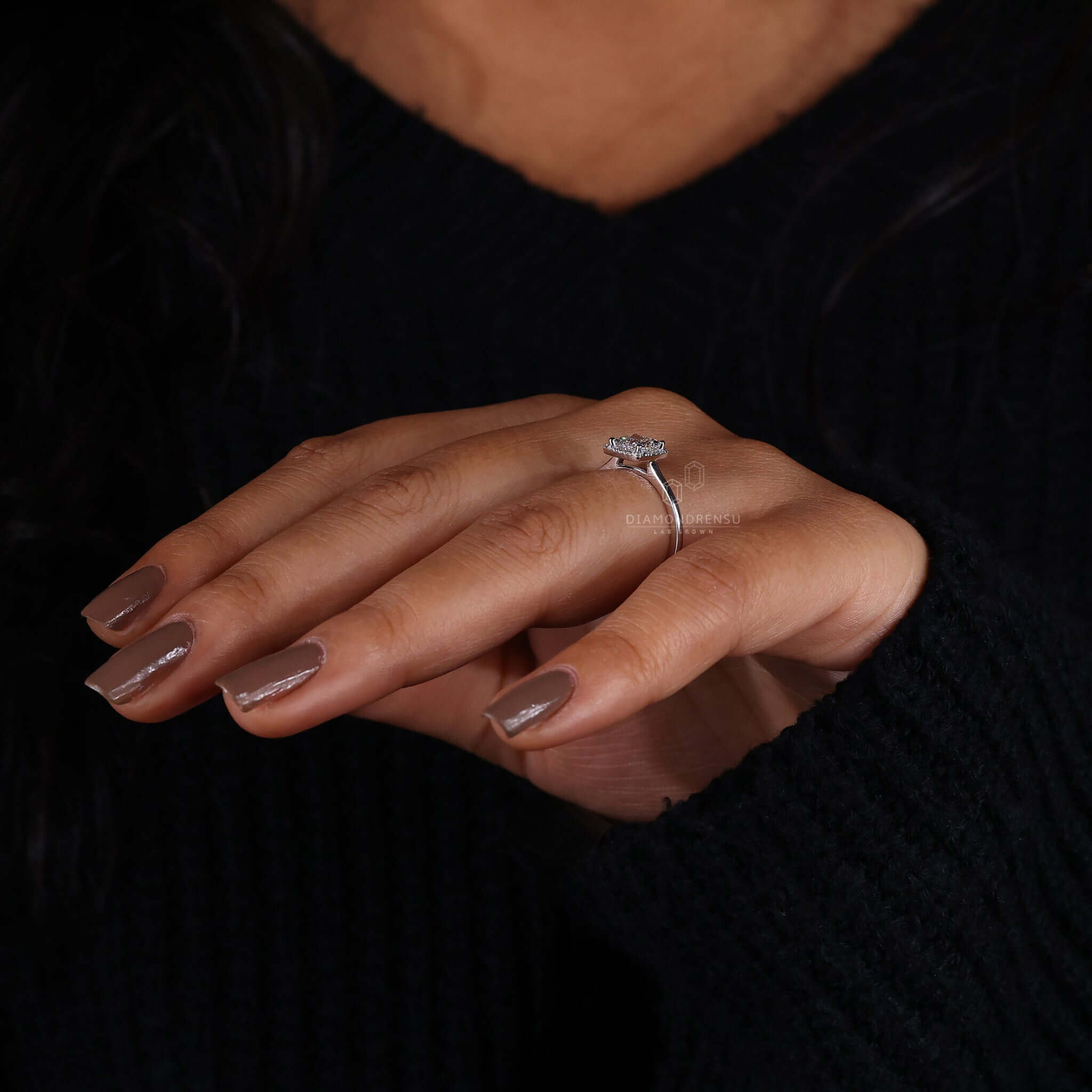 lab created diamond halo engagement ring