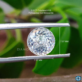 Loose Moissanite stone from Diamondrensu cut in antique style for bridal jewelry use.