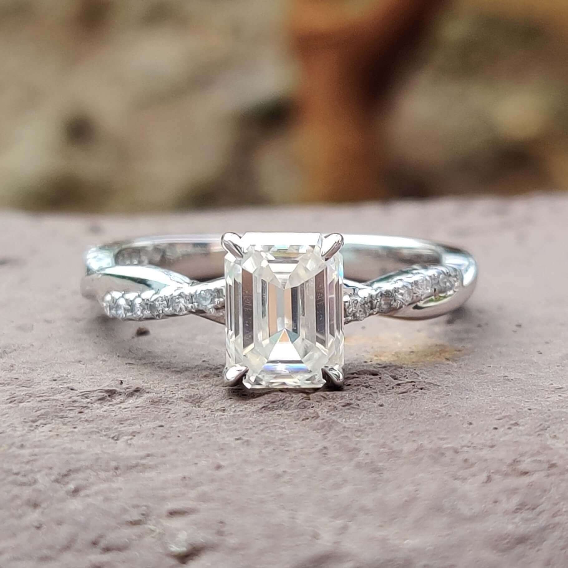 1.60 TCW Emerald Step Cut Rope Pave Moissanite Ring