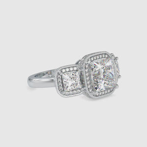 Princess cut diamond ring with a halo and prong setting
