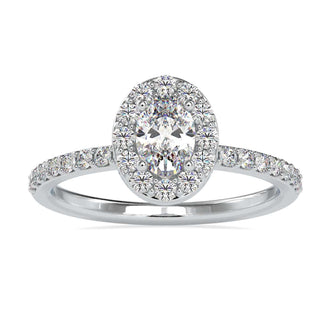 Halo oval ring engagement featuring a 2 carat Lab Grown Diamond and a four prong setting.
