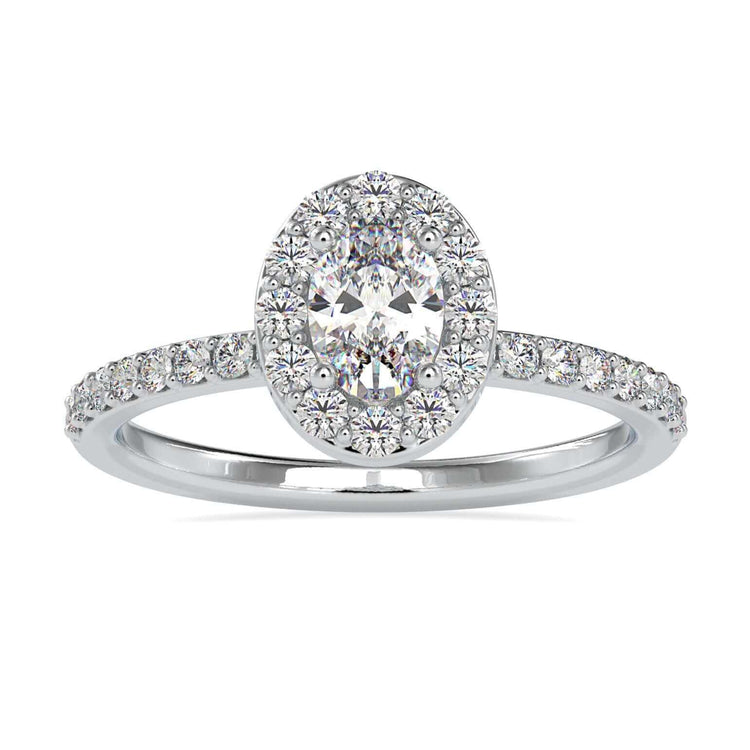Halo oval ring engagement featuring a 2 carat Lab Grown Diamond and a four prong setting.
