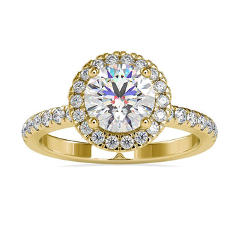 Round Halo Engagement Rings featuring a Lab Grown Diamond and pave setting ring.
