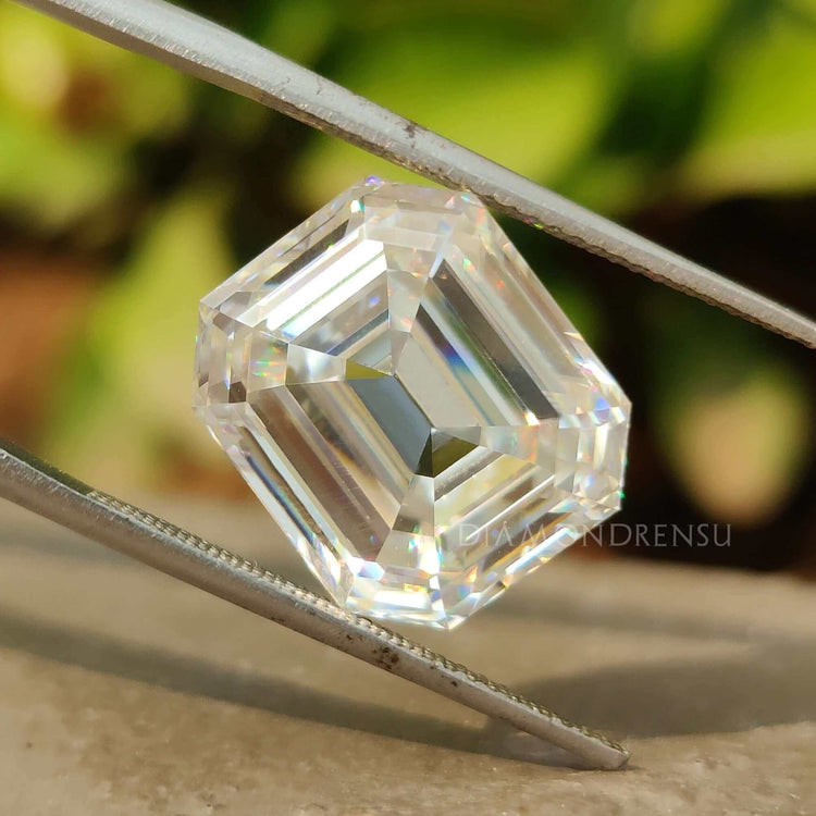 Emerald Step Cut shown as a loose moissanite from Diamondresnu.
