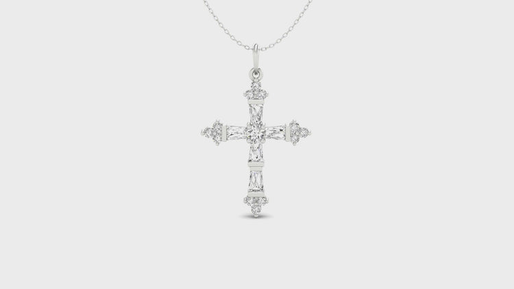 IGI certified round diamond cross pendant with a tapered baguette style.
