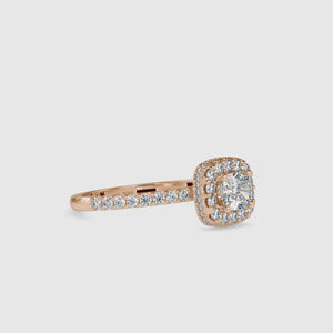 Cushion cut halo ring with a two-sided halo design and pave ring setting, perfect for engagements.