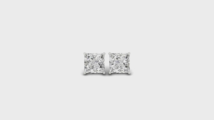 Four prong stud earring setting with princess cut diamonds, showcasing Lab Grown Diamond quality.
