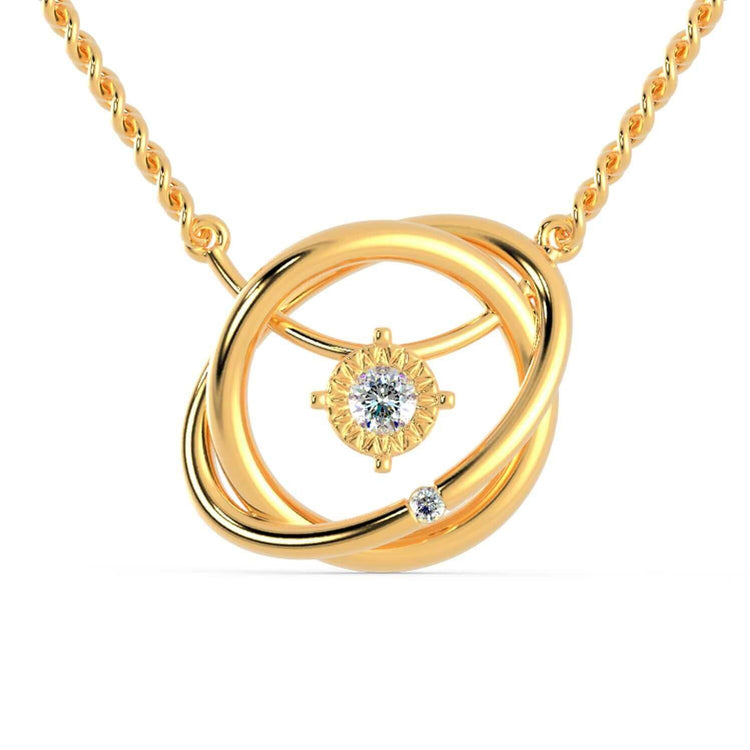 Gold diamond pendant with round cut diamond set in a handmade jewelry design.

