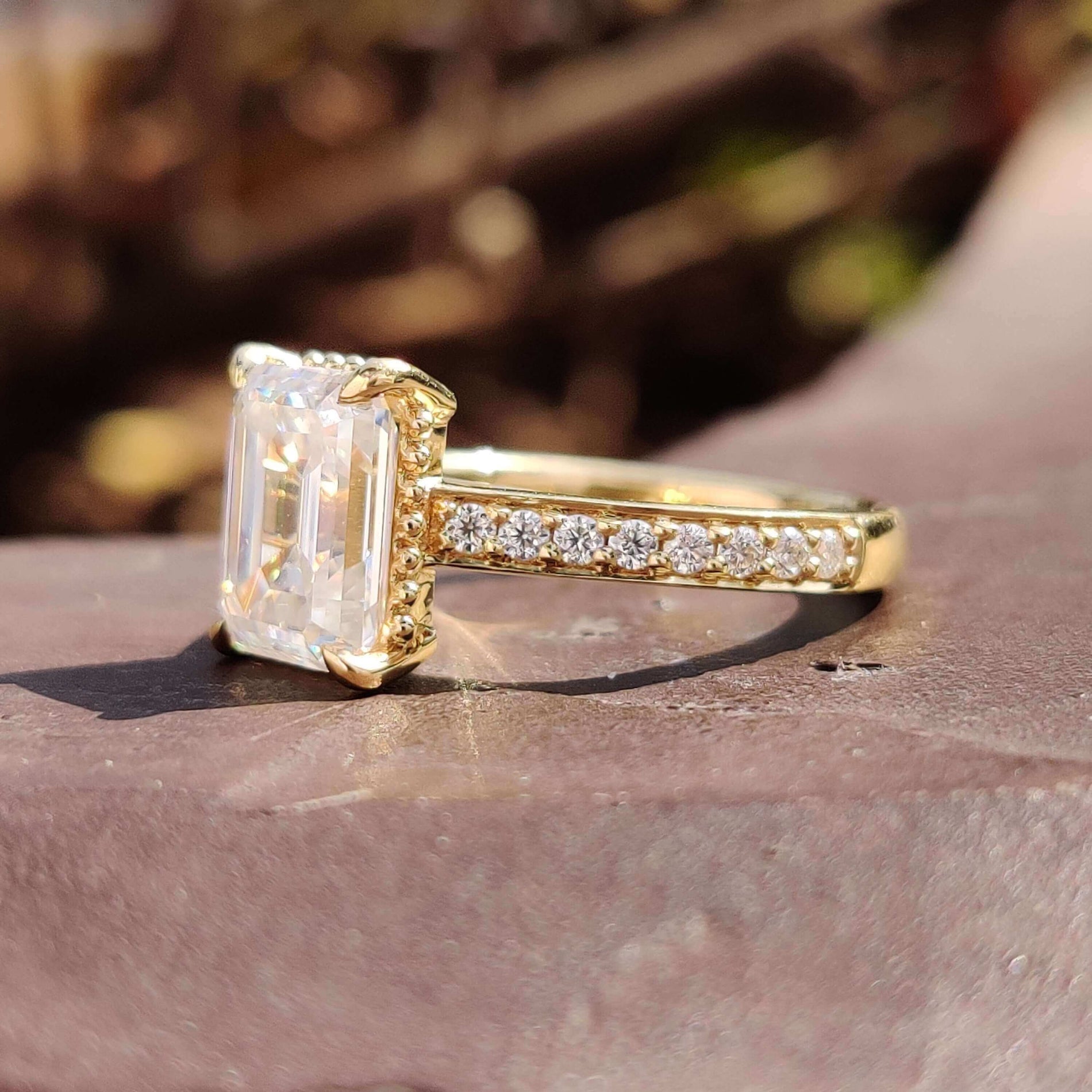 2.82 TW Emerald Cut Hidden Halo Pave Set Moissanite Engagement Ring