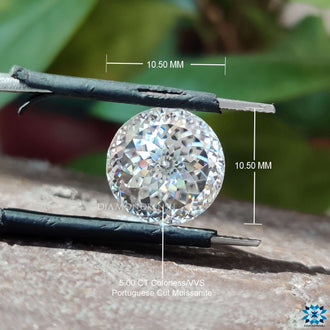 Diamondresnu Moissanite shown in 5 carat Portuguese round cut.
