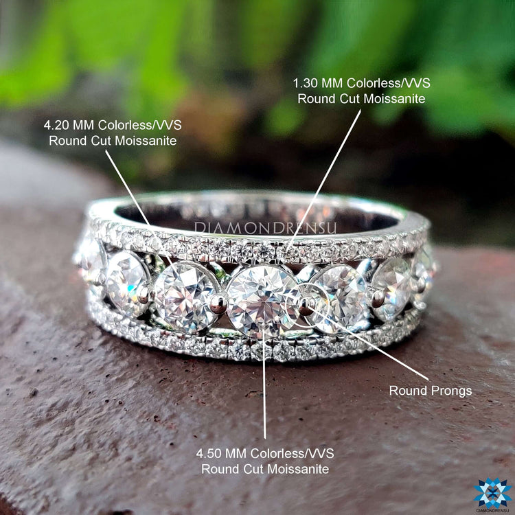 Round Brilliant Cut Triple Row Eternity Moissanite Wedding Band