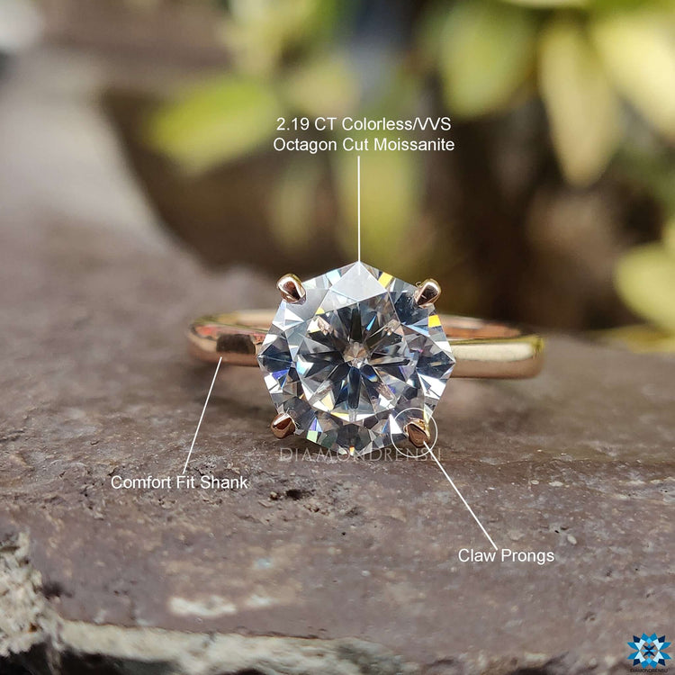 Engagement moissanite ring with a sleek, rose gold design for added charm.
