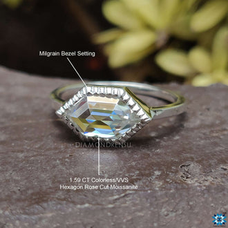 Hexagon solitaire engagement ring perfect for a unique proposal.
