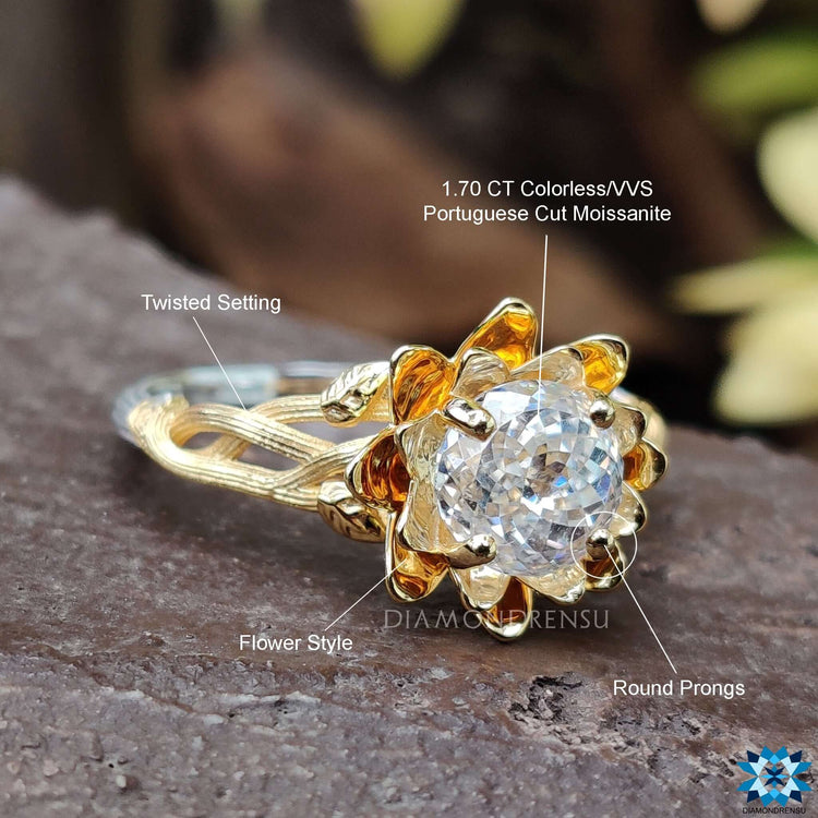 Sophisticated Portuguese cut moissanite ring in a nature-inspired design.
