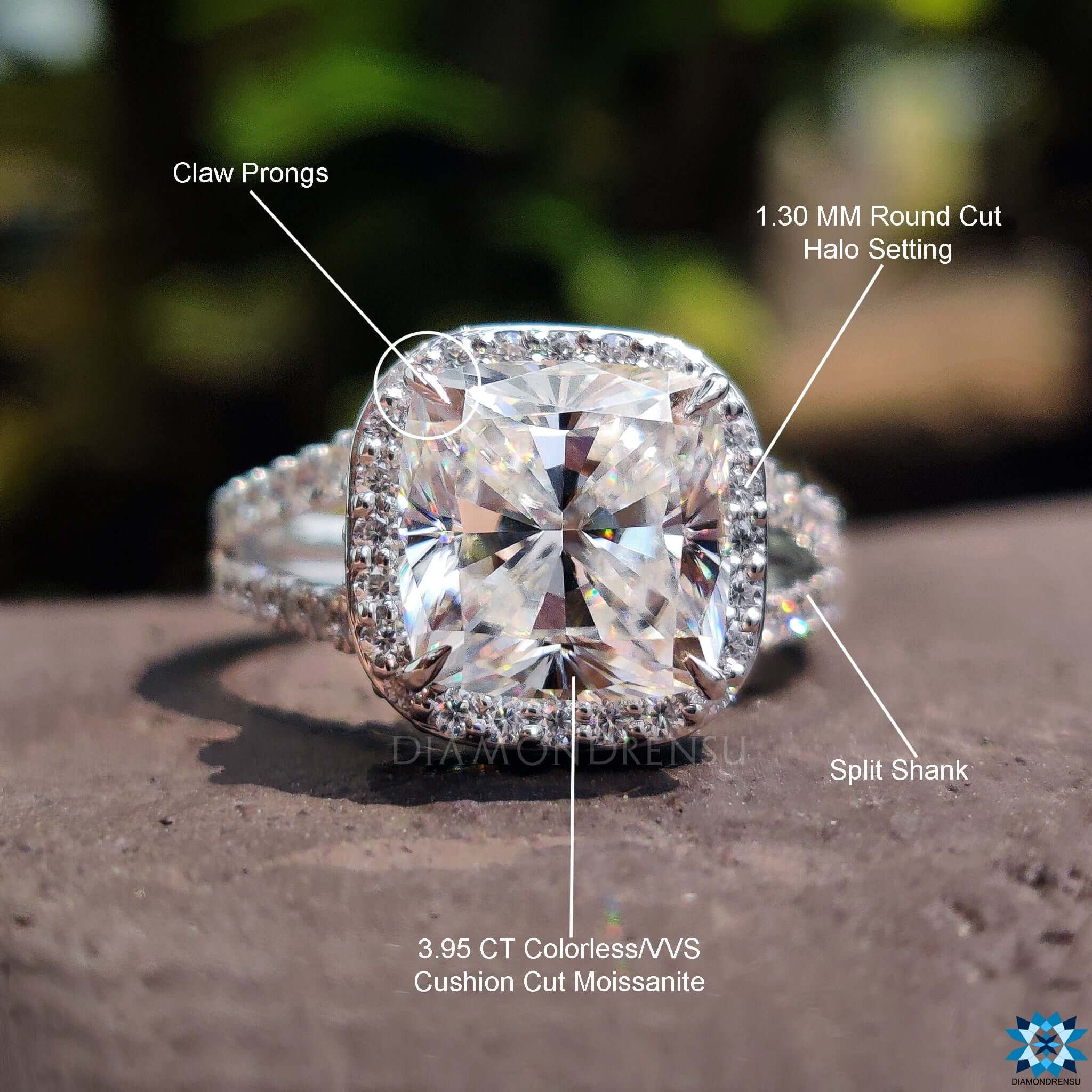 CT Cushion Cut Amazing Split Shank Halo Moissanite Engagement Ring