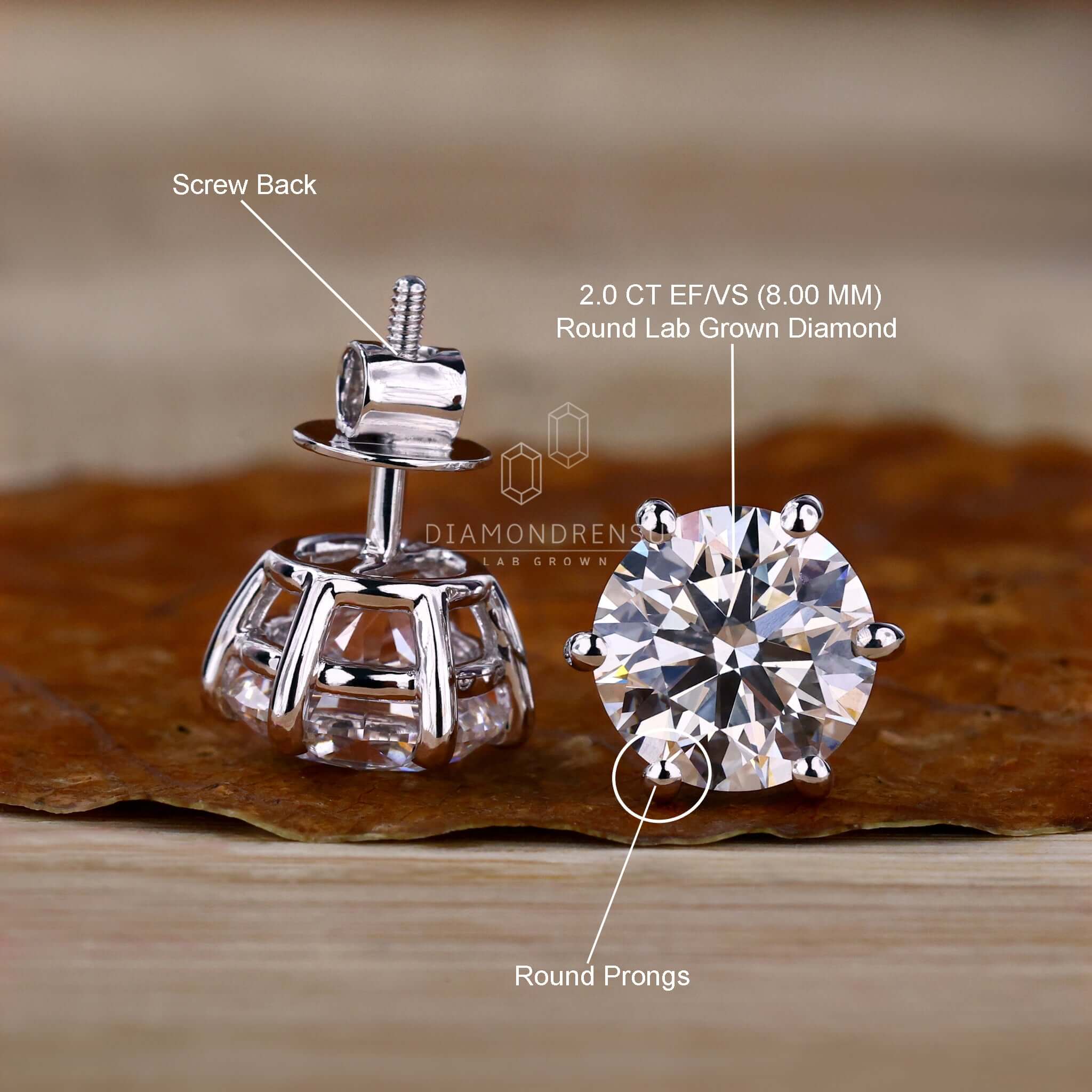 Round Diamond Studs, Six Prongs Lab Grown Diamond Earrings