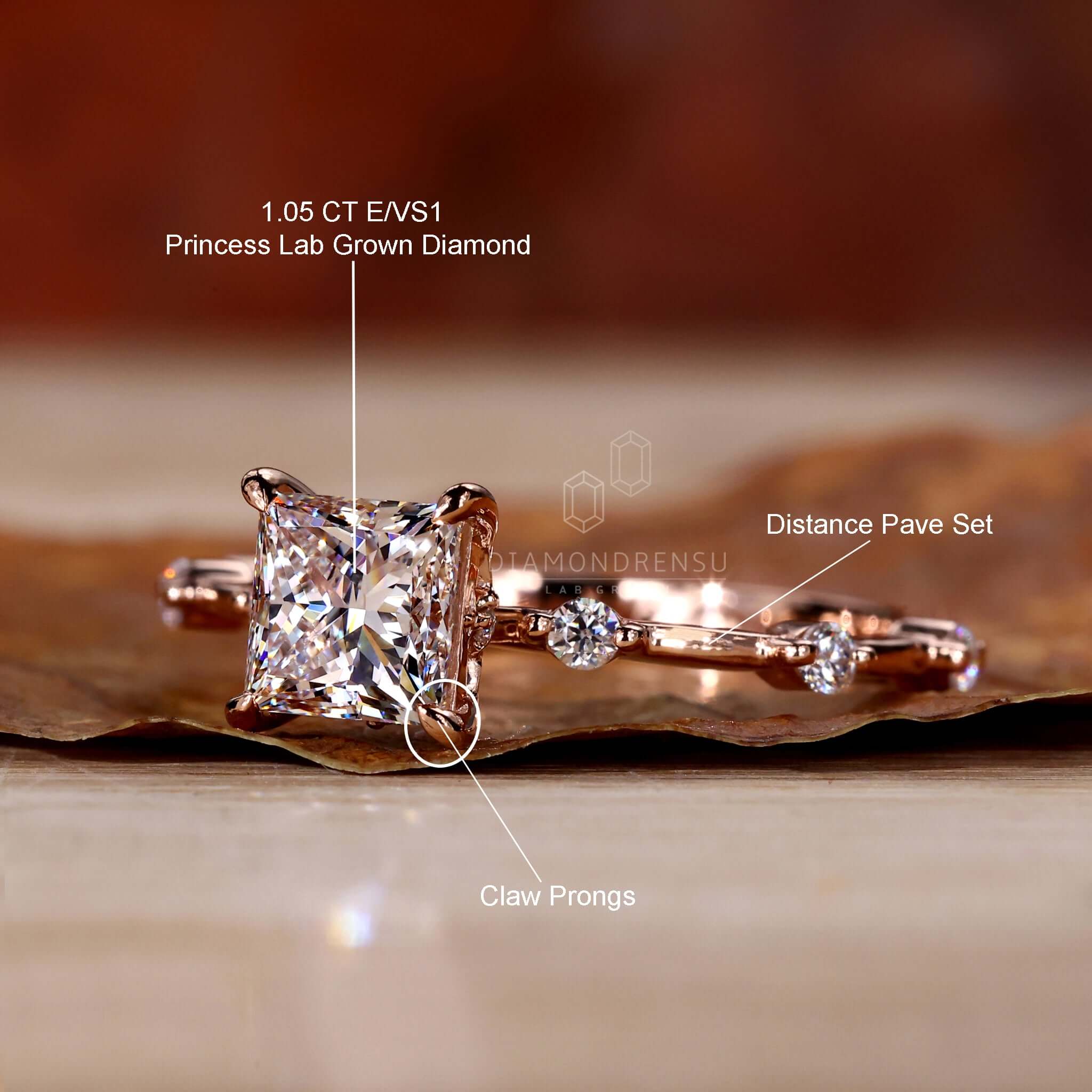 Princess Cut Lab Grown Diamond Distance Pave Engagement Ring