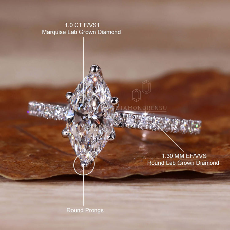 IGI Certified 1.0 CT Marquise Cut Lab Grown Diamond Pave Engagement Ring
