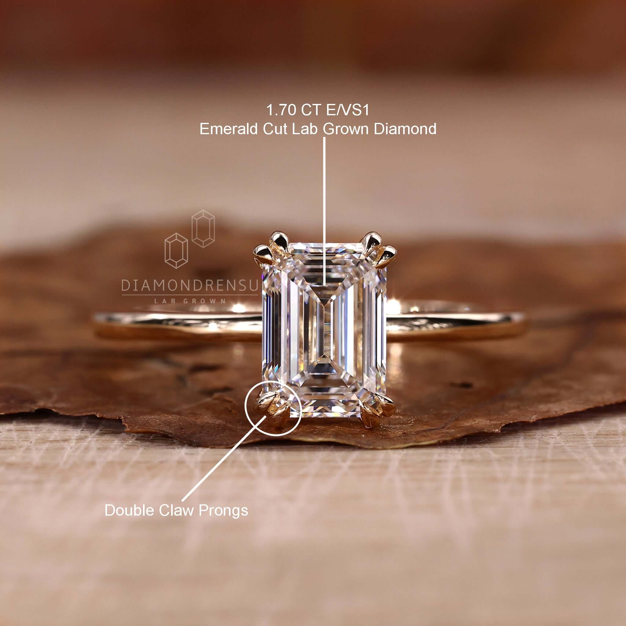 Astrid- 14K Rose Gold Emerald Cut Diamond Double Four Prong Solitaire  Engagement Ring with Pave Setting - Wedding Bands & Co.