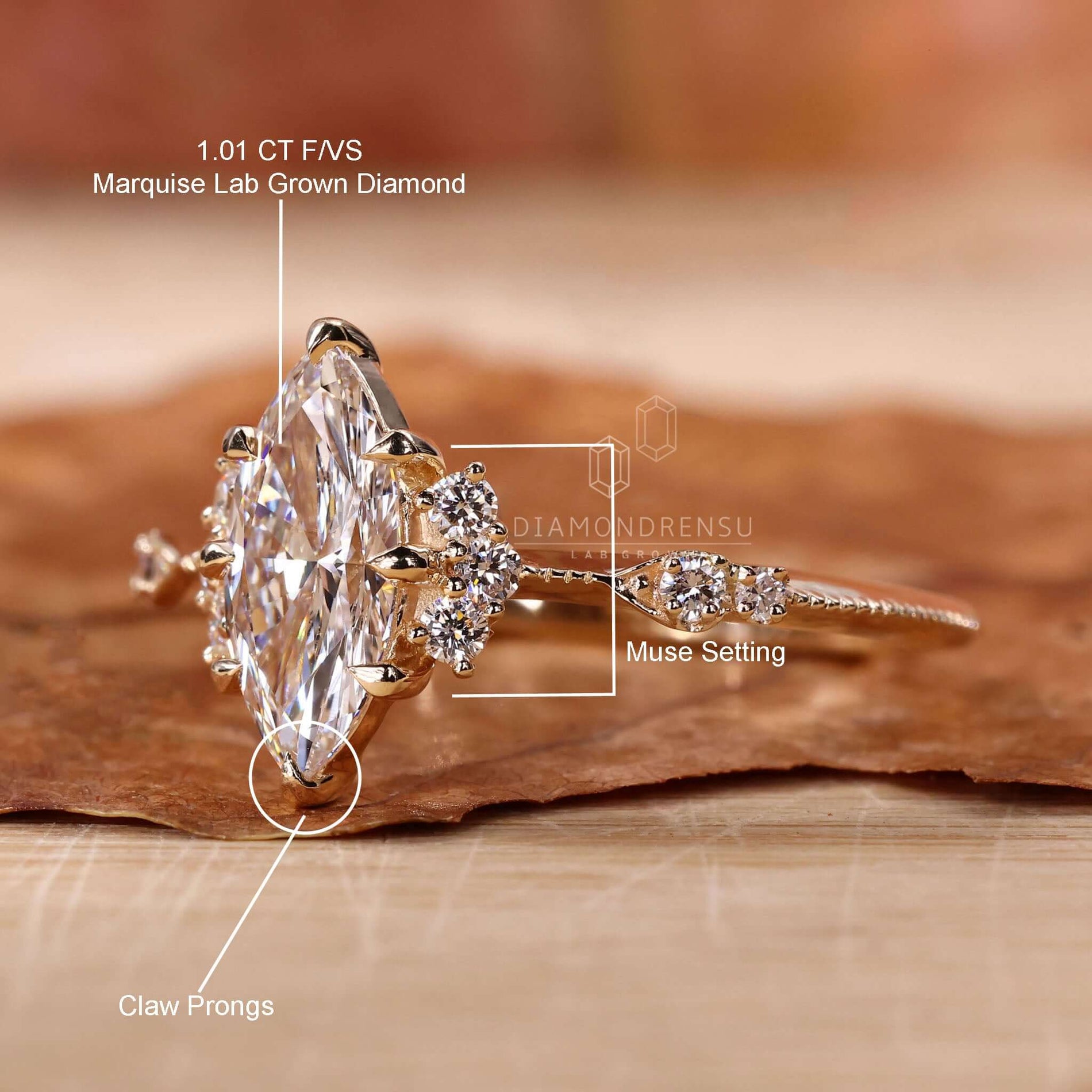 Reto Ring Lab Vintage Engagement Ring, Marquise Cut Lab Grown Diamond Ring