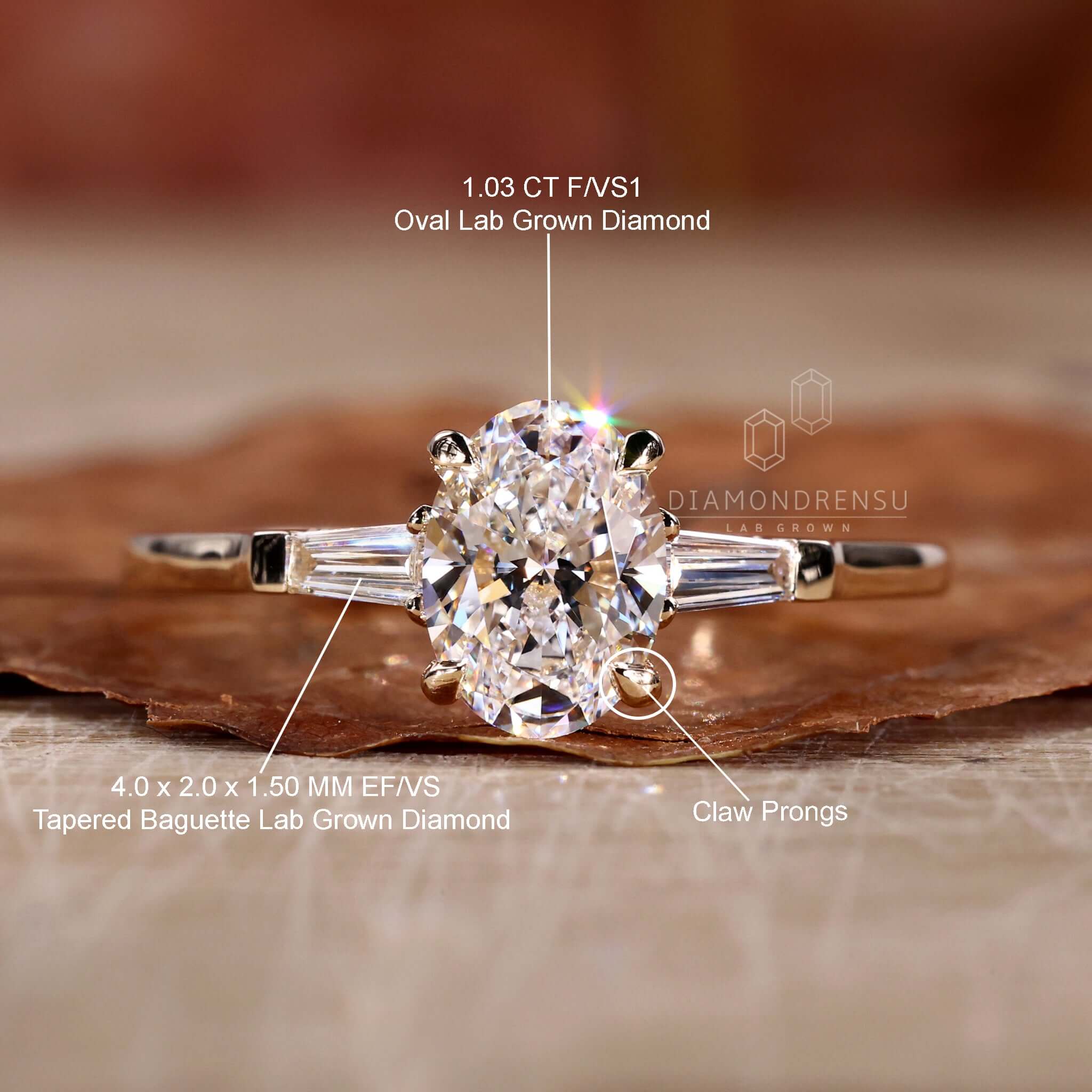 Descriptive Rings Oval Diamond Engagement Ring, Side Baguette Three Stone Ring