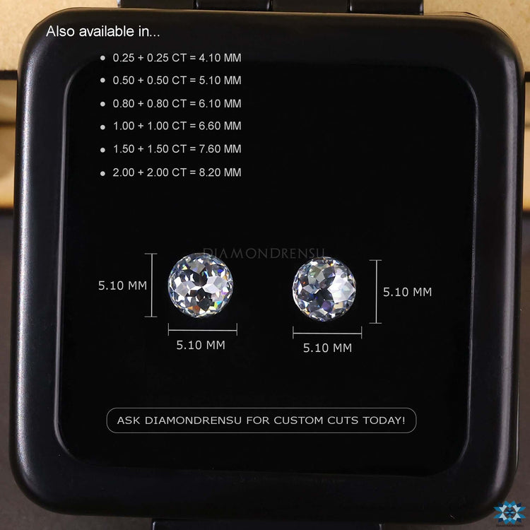 This pair of round rose cut moissanite loose stones offers 0.50 to 4.0 total carat weight.
