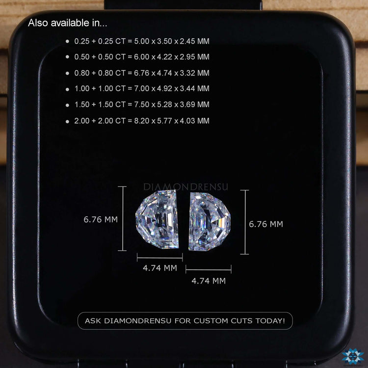 Half Moon Step Cut moissanite stones offered in 0.50 to 4.0 TCW range.
