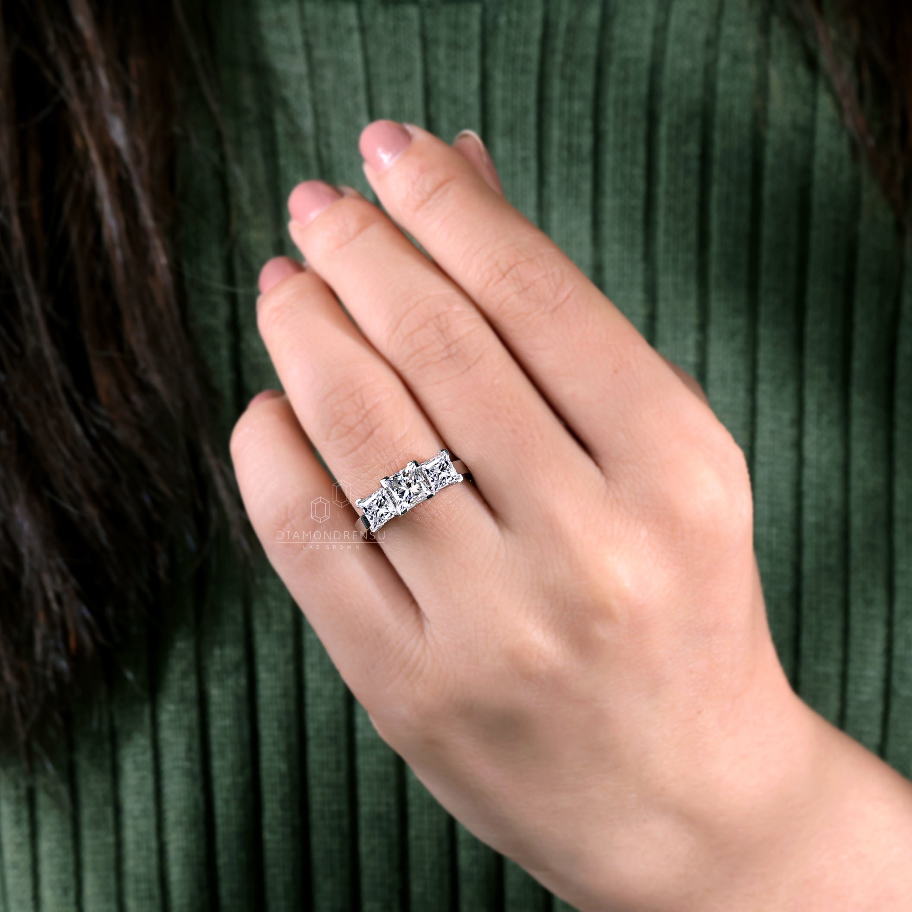 Three Stone Engagement Ring | Princess Cut Lab Diamond Ring for Women