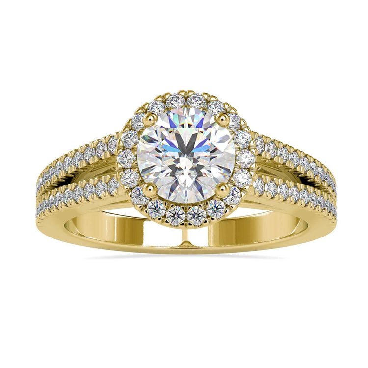 Split shank engagement ring featuring a Lab Grown Diamond and a four prong ring setting.
