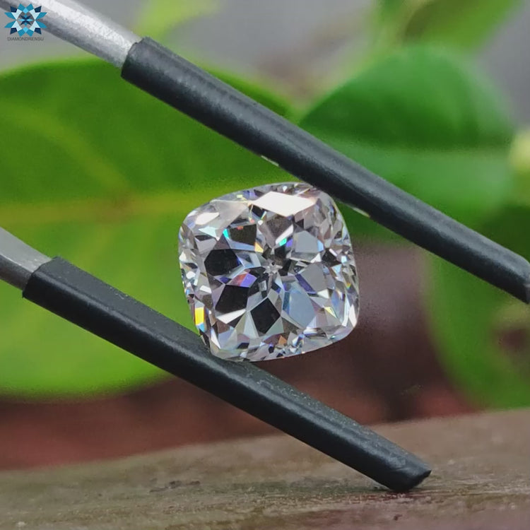 Moissanite loose stone shown from Diamondresnu in antique cushion shape.
