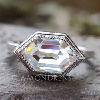 Hexagon engagement ring with intricate detailing for a timeless look.
