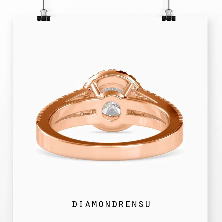 Engagement ring settings pave featuring a split band design and a four prong diamond ring.
