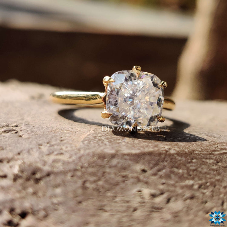 Radiant cushion cut moissanite ring, an ethical choice with a dazzling appearance.
