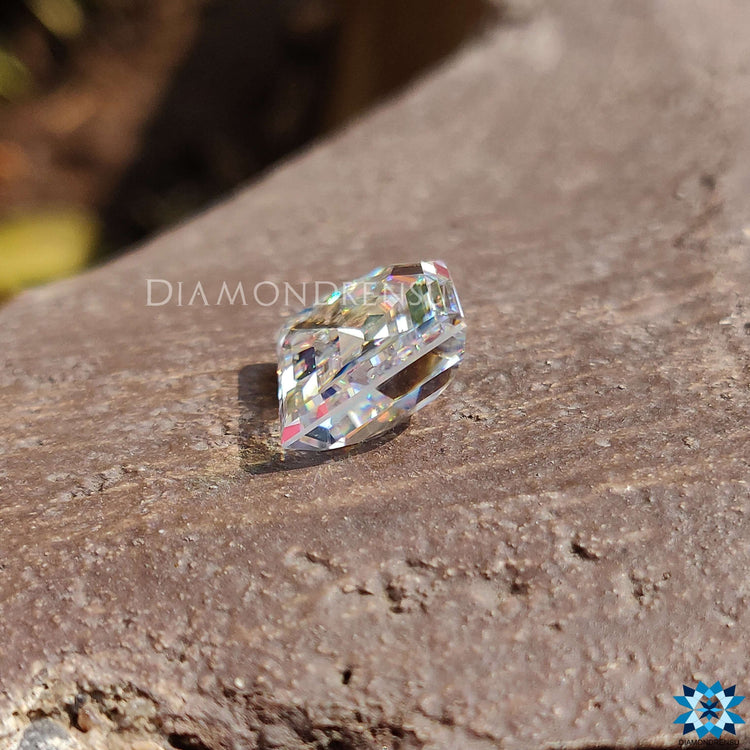 Near colorless 6.57 carat moissanite loose stone with a unique antique cut.
