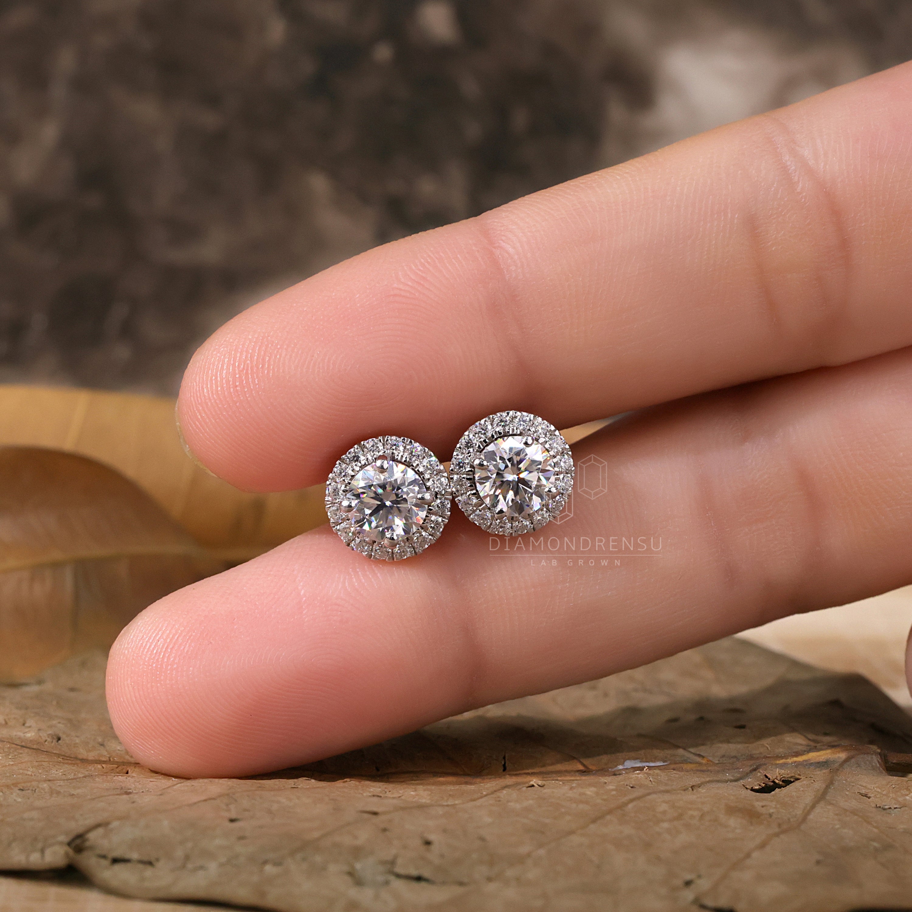 Lab Created Diamond Stud Earrings, Round Diamond Halo Wedding Earrings Platinum