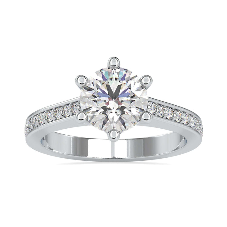 Handmade diamondrensu engagement ring with a six prong setting and pave channel setting.