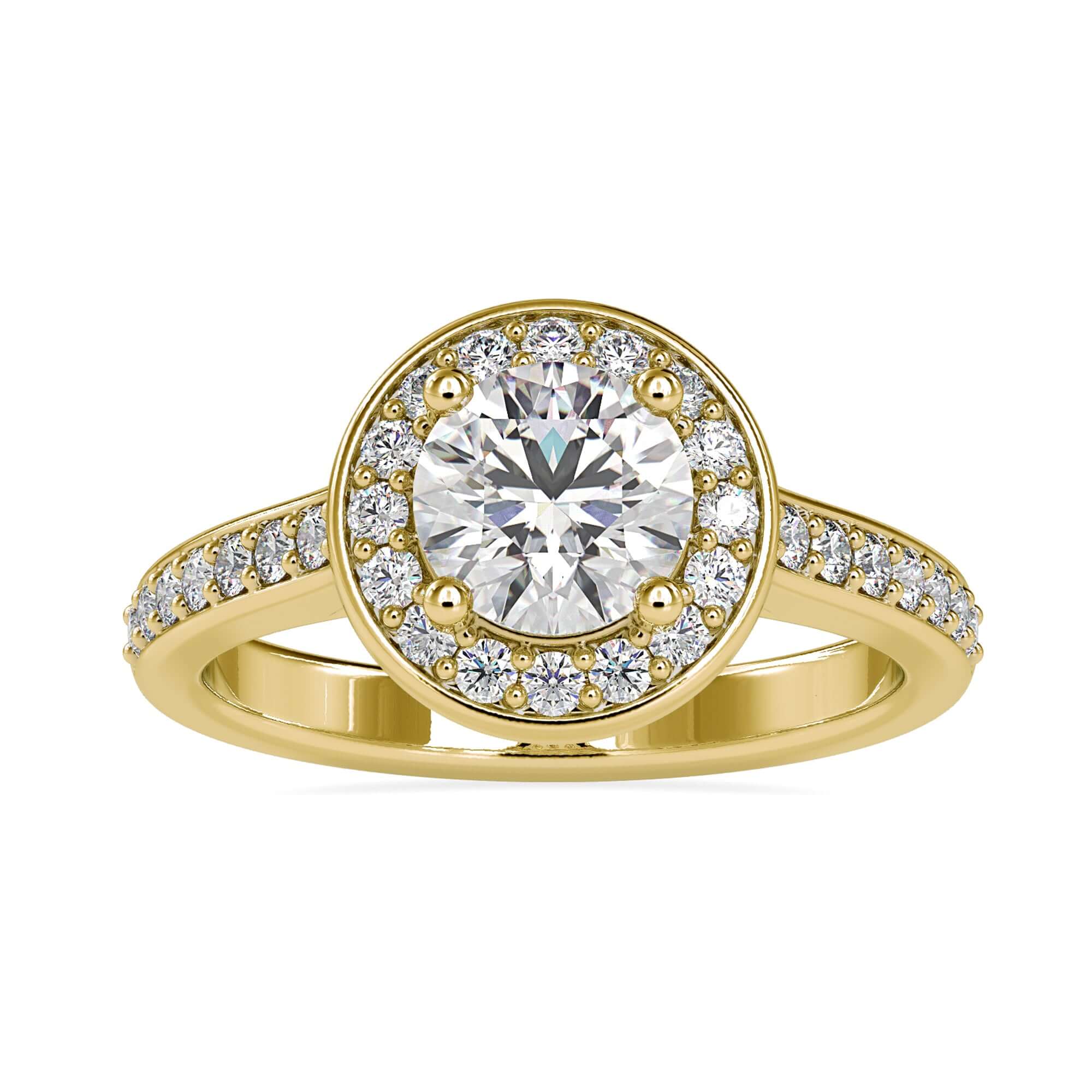 Timeless halo ring settings with a round diamond in a 4 prong engagement ring design.
