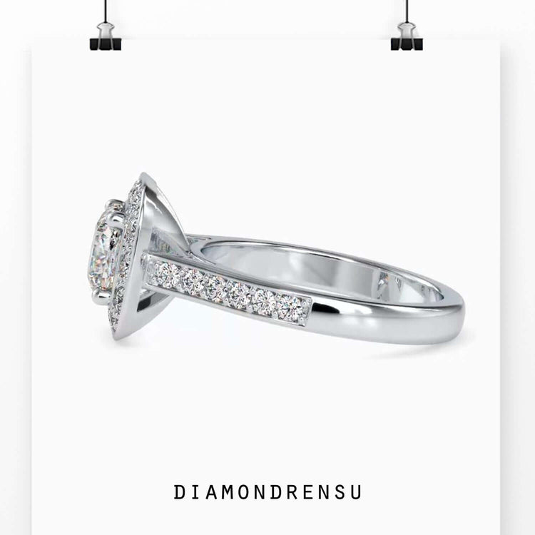 Classic channel ring featuring a cathedral setting and lab grown diamond.
