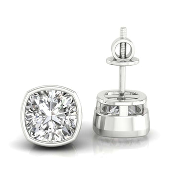 Cushion cut diamond earrings with a bezel setting, perfect for a timeless look.

