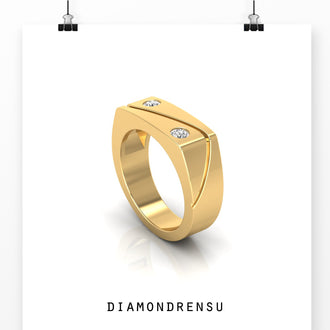 Gold mens wedding band with two stone accents, handmade jewelry.
