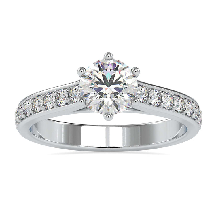 Pave band engagement ring with round diamond and pave setting