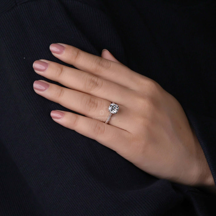 Lab grown diamond engagement ring with double hidden halo.
