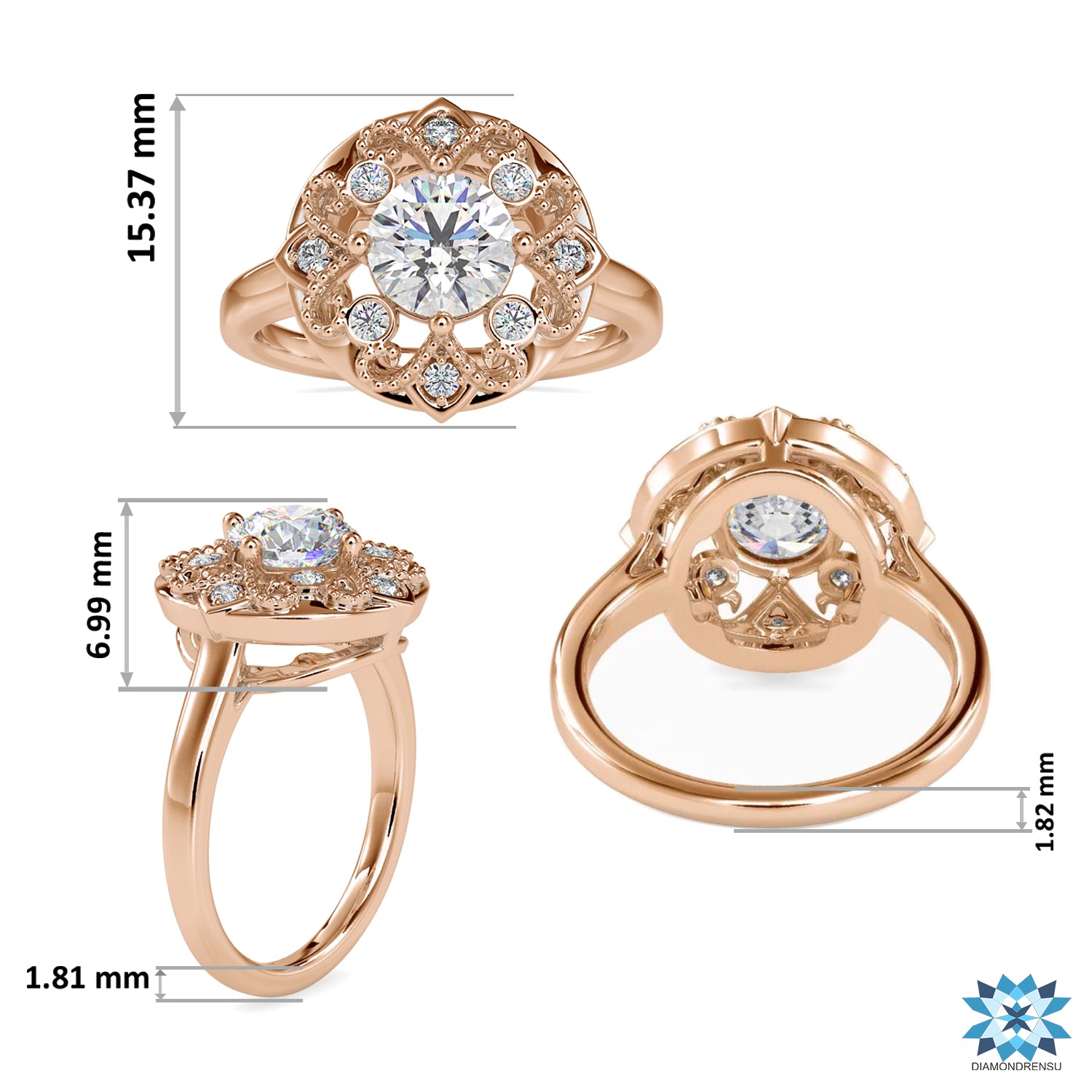 Unique 1.32 TCW Round Moissanite Art Deco Vintage Style Engagement Ring