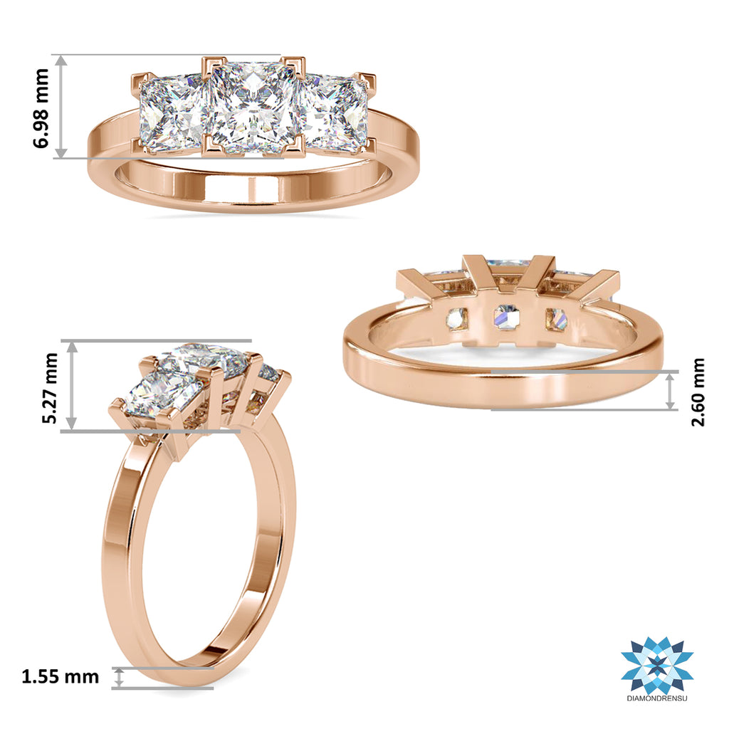 Classic 2.89 DEW Princess Moissanite Three Stones Engagement Ring