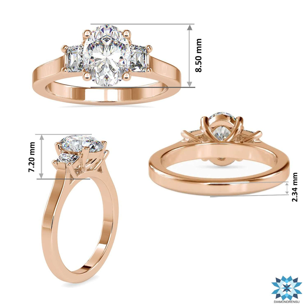 2.04 TCW Oval and Trapezoid Moissanite Three Stones Engagement Ring