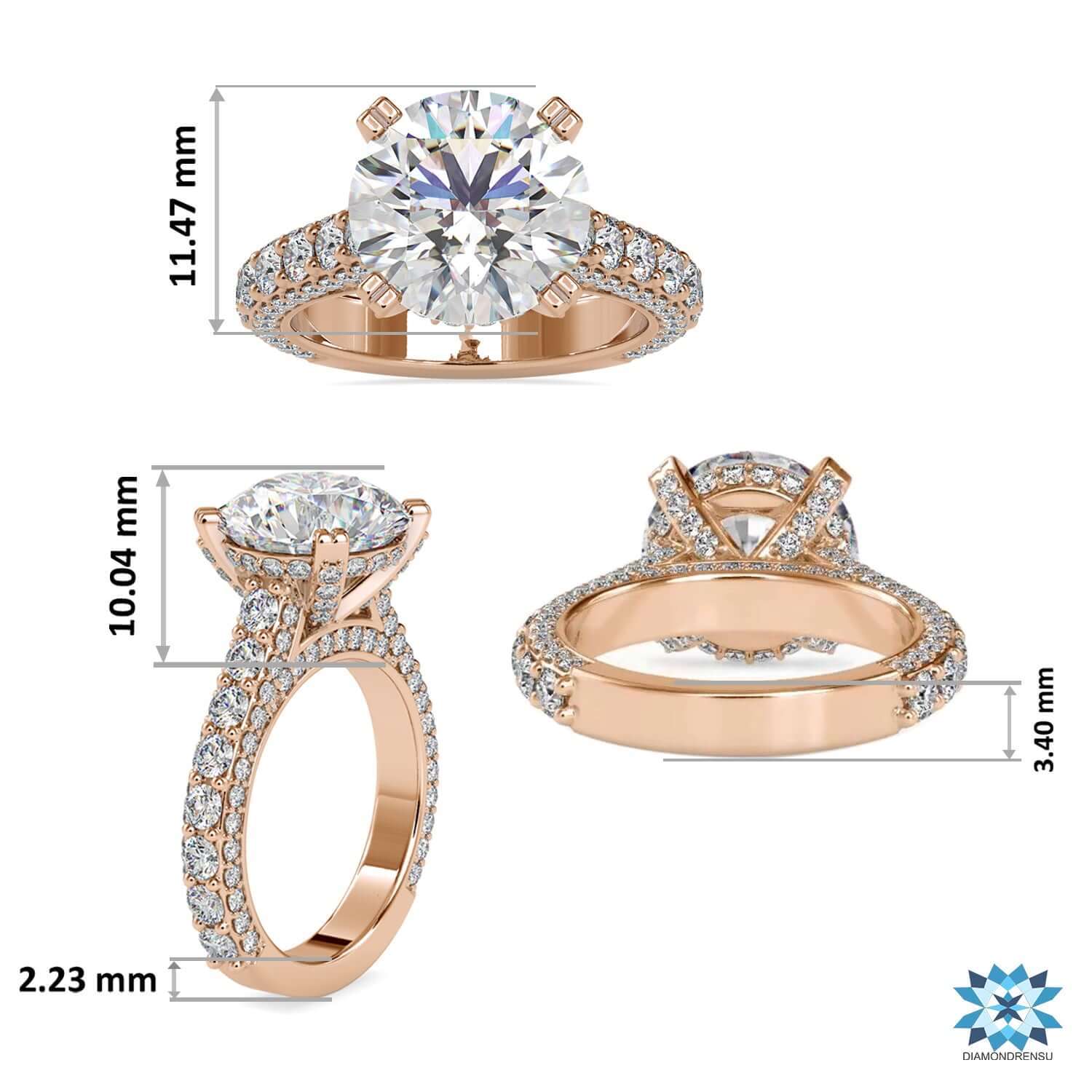 6.82 TCW Round Cut Triple Row Cathedral Pave Set Moissanite Engagement Ring