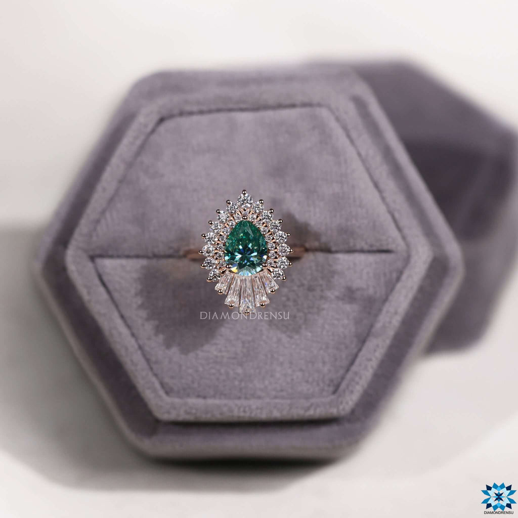 Unique Vintage Moissanite Engagement Ring, Cyan Blue Pear Cut Antique Halo Moissanite Ring